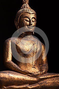 The gilded statue of smilin Buddha, in Southeast Asia style.