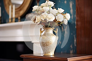 a gilded vase containing white roses placed on a mantelpiece