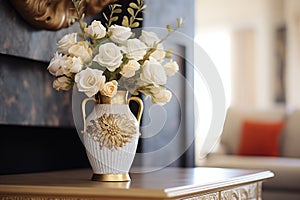 a gilded vase containing white roses placed on a mantelpiece