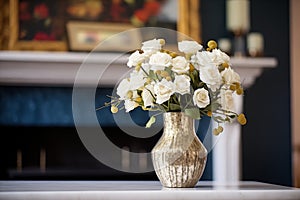 a gilded vase containing white roses placed on a mantelpiece