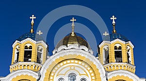Gilding the dome of the Orthodox cathedral against the blue sky photo