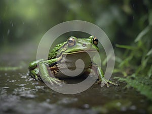 Gilding frog pose on leaves blurred nature background. Generated with AI