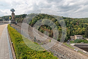 Gileppe dam in Belgium with footpath, watch-tower and monumental Lion