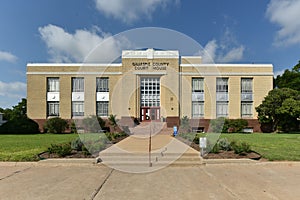 Gillespie county court house made of yellow historic bricks