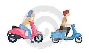 Gils riding motorbikes, side view set cartoon vector illustration