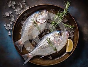 Gilt-head bream (dorade) and rosemary on ice top view.