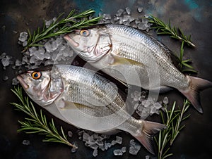 Gilt-head bream (dorade) and rosemary on ice top view.