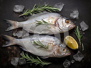 Gilt-head bream (dorade) and rosemary on ice top view.