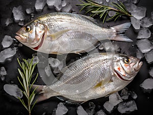 Gilt-head bream (dorade) and rosemary on ice top view.