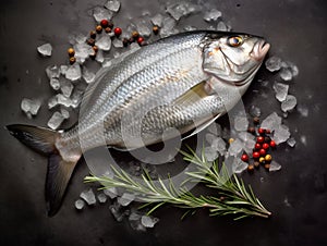 Gilt-head bream (dorade) and rosemary on ice top view.