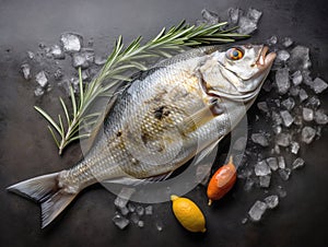 Gilt-head bream (dorade) and rosemary on ice top view.