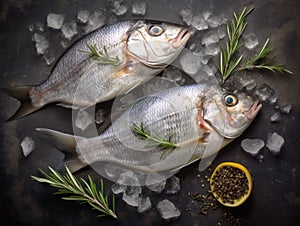 Gilt-head bream (dorade) and rosemary on ice top view.