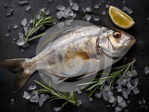 Gilt-head bream (dorade) and rosemary on ice top view.