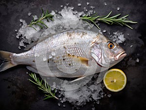 Gilt-head bream (dorade) and rosemary on ice top view.