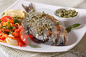 The gilt-head bream fish with pesto and salad macro. Horizontal