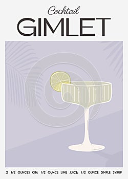 Gimlet Classic Cocktail garnish with lime slice. Classic alcoholic beverage recipe wall art print. Summer aperitif
