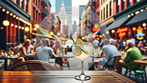 Gimlet at an outdoor cafe, focus on the drink with a vibrant city street in the background, casual and inviting.. AI