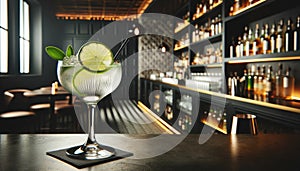 Gimlet with a twist of lime, served on a modern bar counter, focus on the citrus garnish, sleek bar background.. AI