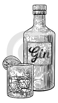 Gin Cocktail Bottle Glass and Ice Vintage Woodcut photo