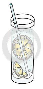 Gin Fizz classic IBA listed long cocktail in highball glass. Garnished with slice of lemon. Stylish hand-drawn doodle