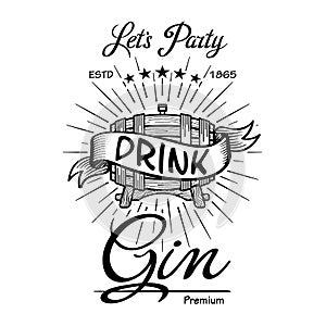 Gin label vintage hand drawn border typography blackboard vector. Alcohol. Wooden barrels drinks signs. Typographic badges with sk