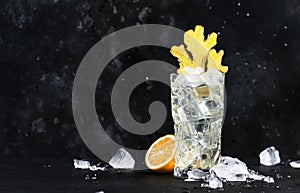 Gin mule alcoholic cocktail with dry gin, syrup, lemon juice, soda, lime and ginger. Black bar counter background, copy space