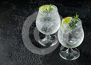 Gin and Tonic Alcohol drink with Lime, Rosemary and ice on rustic black table