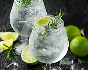 Gin and Tonic Alcohol drink with Lime, Rosemary and ice on rustic black table
