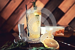 Gin and tonic alcoholic cocktail with lime and ice, served as refreshment drink in local pub. Party starter, nightlife photo