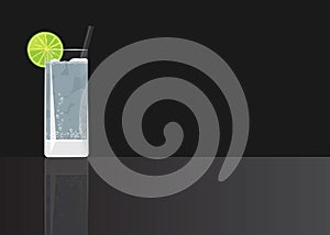 Gin tonic on black mirrored background.