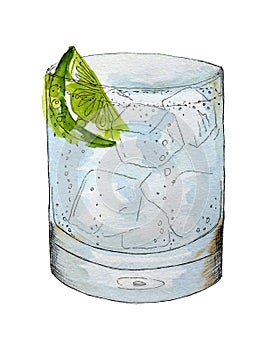 Gin and tonic cocktail for the bar menu. Vector drink, watercolor, hand drawing, sketch. Lime, ice, bubbles. Isolated on