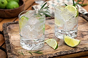 Gin and tonic cocktail garnished with lime and rosemary