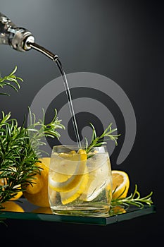 Gin-tonic cocktail with ice, lemon, and rosemary