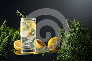 Gin-tonic cocktail with ice, lemon slices, and rosemary