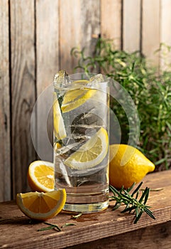 Gin-tonic cocktail with ice, rosemary and lemon slices