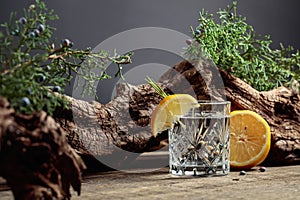 Gin-tonic cocktail with lemon on a old wooden table