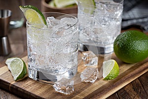 Gin and tonic cocktail with lime and ice