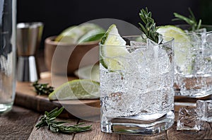 Gin and tonic cocktail with lime. rosemary and ice