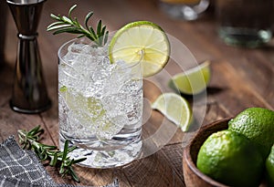 Gin and tonic cocktail with lime. rosemary and ice