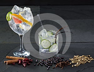 Gin tonic cocktails with lima cucumber and grapefruit