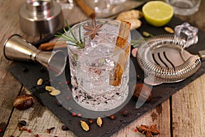 Gin and tonic cocktails with rosemary star anise and cinnamon