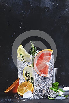 Gin tonic cocktails set. Trendy Alcoholic drinks with lime, lemon, grapefruit, orange, cucumber, soda and spicy herbs in wine