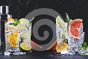 Gin tonic cocktails set. Trendy drinks with lime, lemon, grapefruit, orange, cucumber, soda and spicy herbs in wine glasses, black