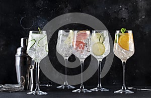 Gin tonic cocktails set in wine glasses. Trendy Alcoholic drinks with lime, lemon, grapefruit, orange, cucumber, soda and spicy