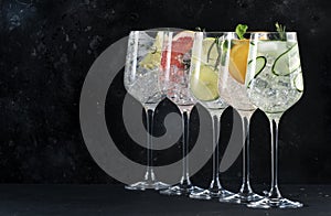 Gin tonic cocktails set in wine glasses. Trendy Alcoholic drinks with lime, lemon, grapefruit, orange, cucumber, soda and spicy