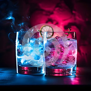 a gin tonic on a night club. Close-up of drink in glass on table against black background. Glass of iced cocktail