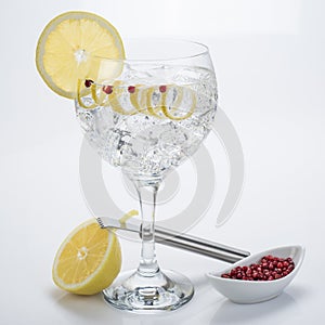 Gin and tonic with pink pepper and lemon twist