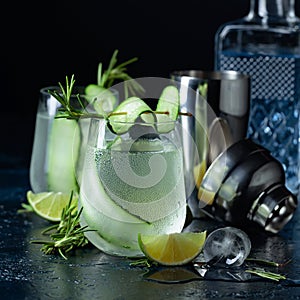 Gin tonic with rosemary, lime and cucumber in frosted glass
