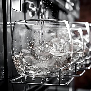 Gin tonic or water are poured transparent glass in bar. Wiskey glass in dishwashing machine
