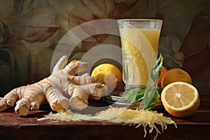 Ginger background healthy organic turmeric natural food drink lemon glass yellow health liquid root